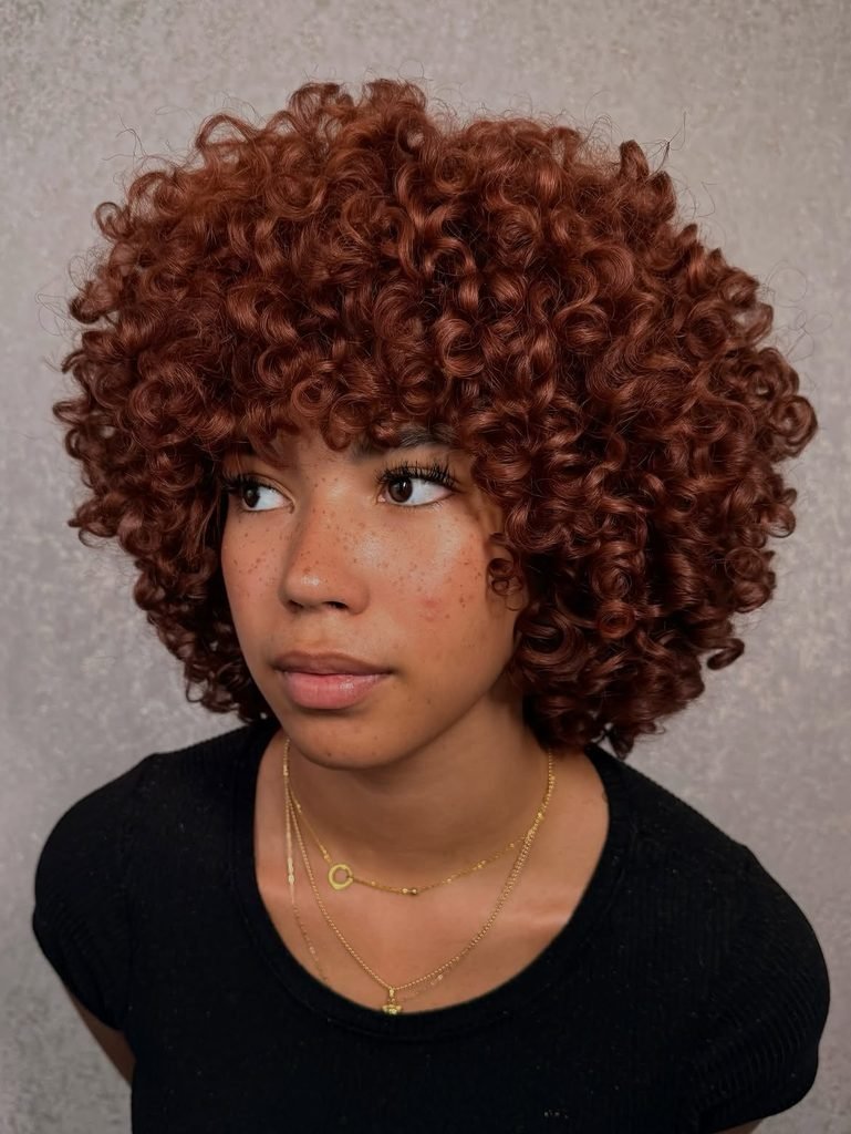 voluminous curly auburn bob haircut with rounded shape and short curly bangs