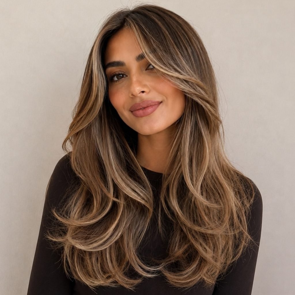 long brunette haircut with voluminous curtain bangs and softly curled ends