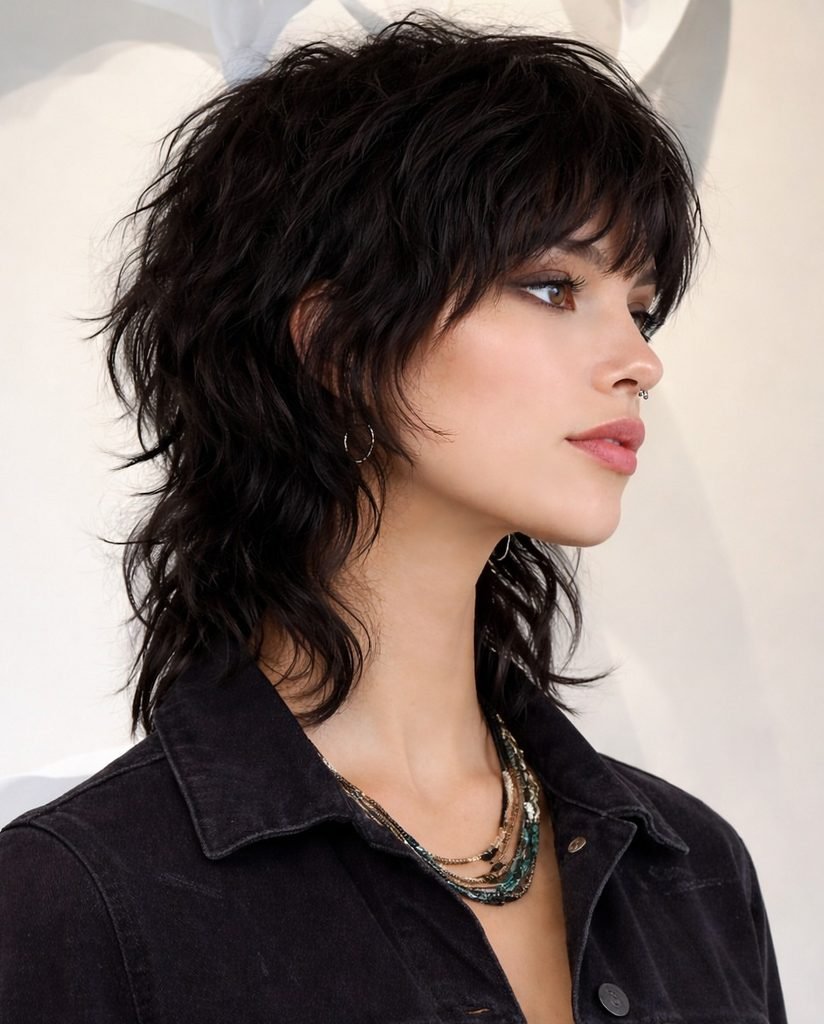 textured black shag haircut with wispy bangs and layered shoulder-length waves