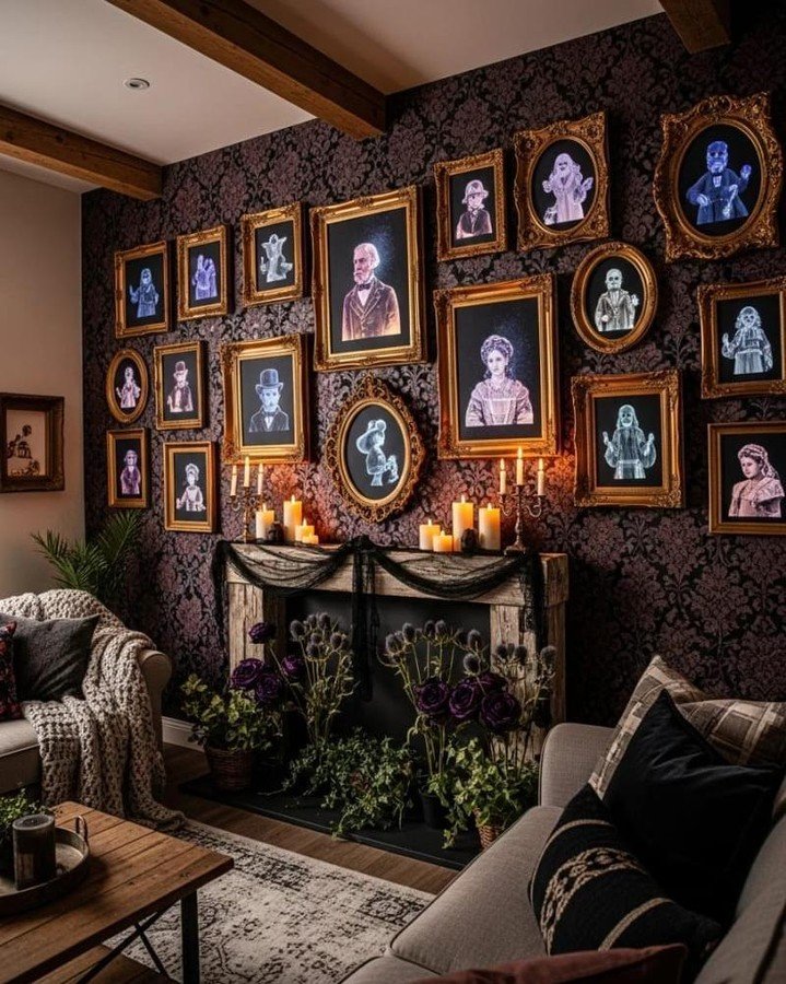 dark damask gallery wall featuring ornate gold frames with glowing ghostly portraits above a fireplace