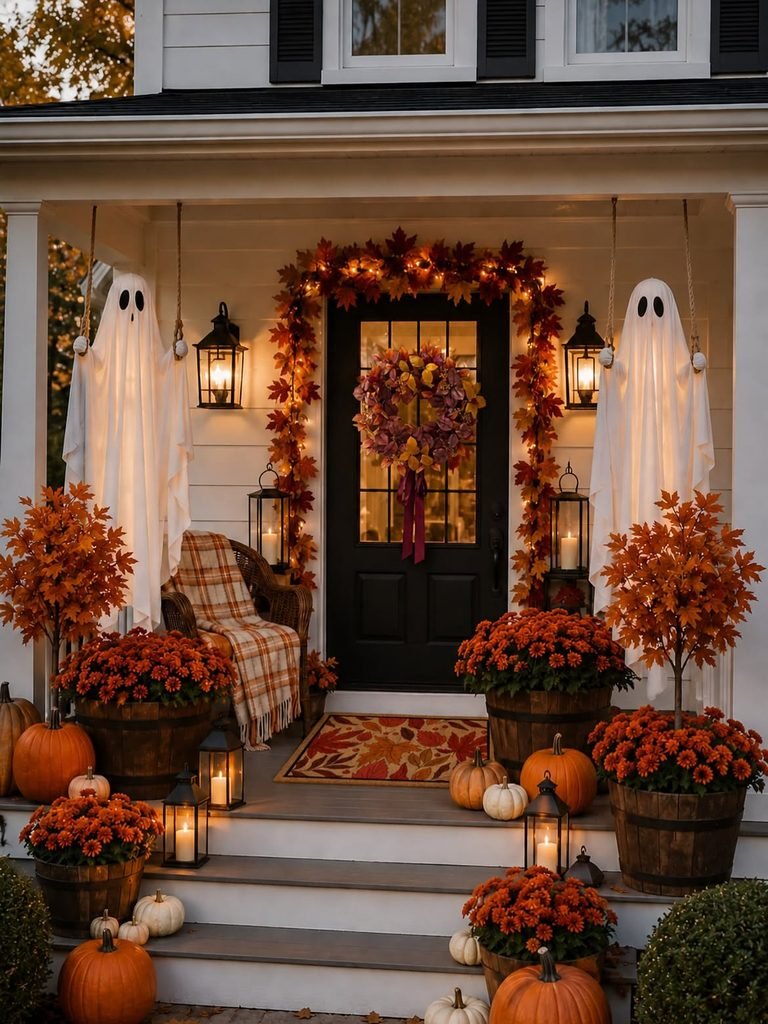 front porch decorated for halloween with hanging sheet ghosts, orange flowers, and lanterns