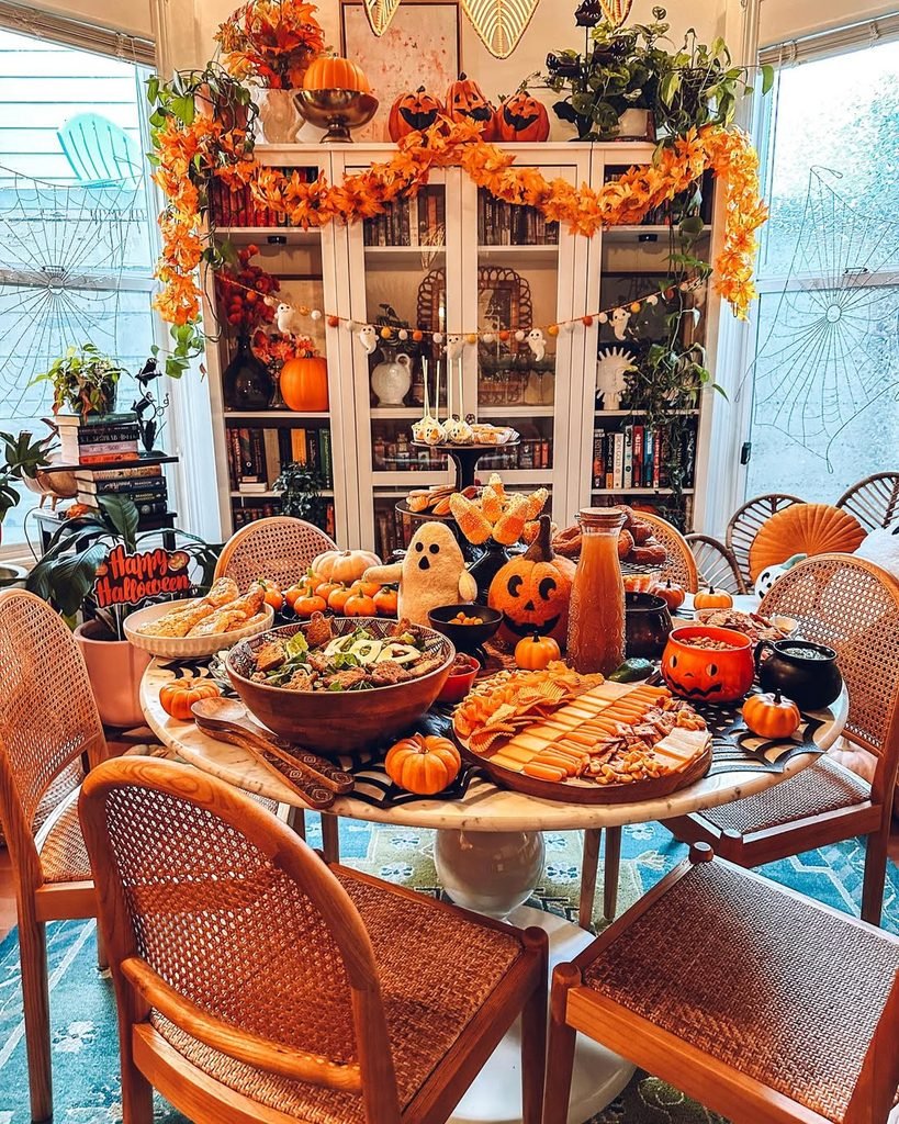 dining table set for a halloween party with pumpkin treats and decorations