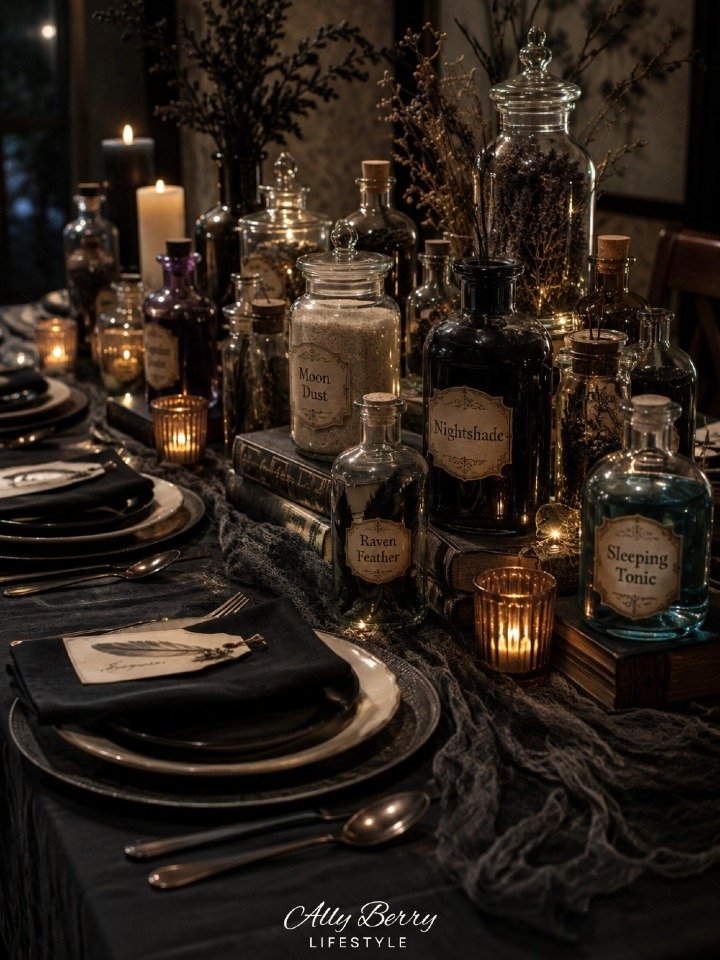 halloween potion table setup with glass jars, vintage labels, and candles