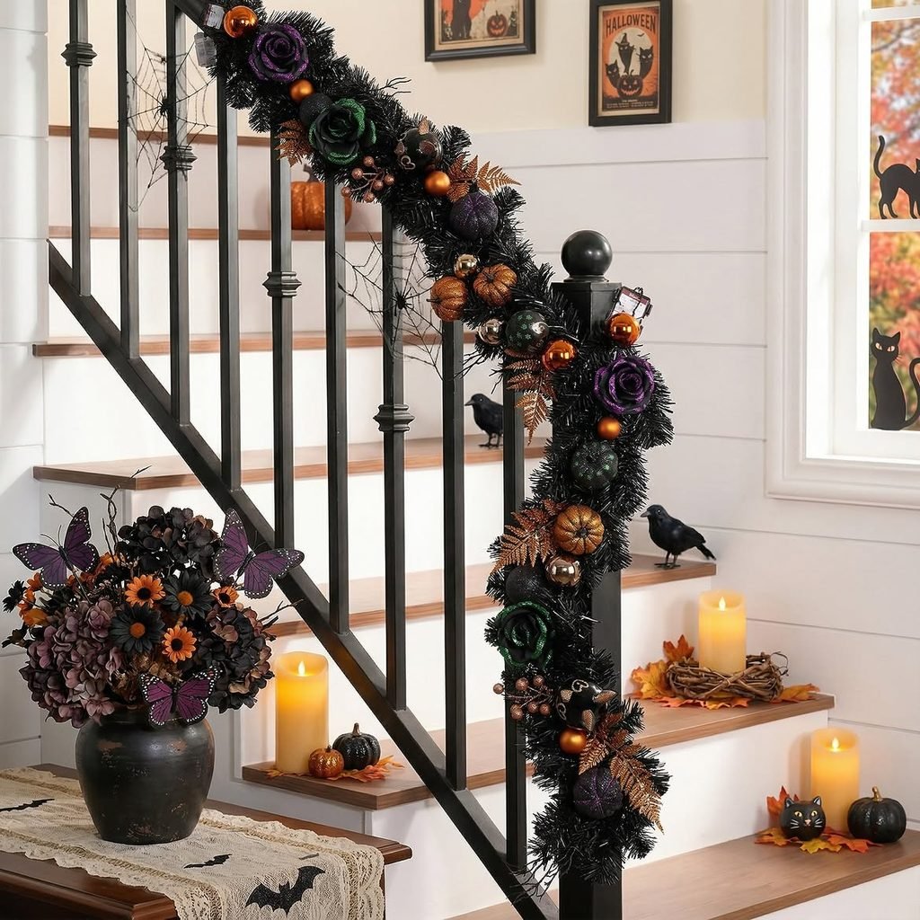 staircase railing decorated with dark halloween garland, purple flowers, and candles