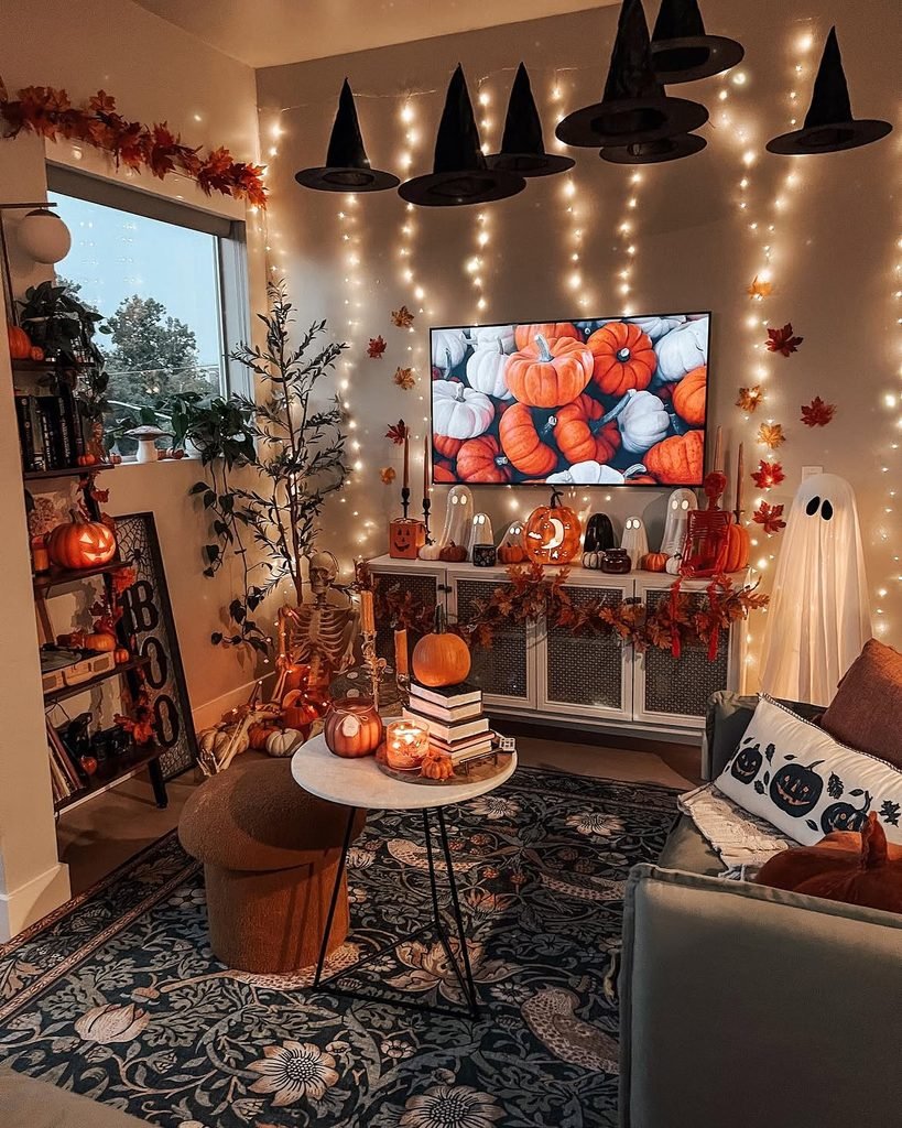 cozy living room decorated for halloween with hanging witch hats and fairy lights