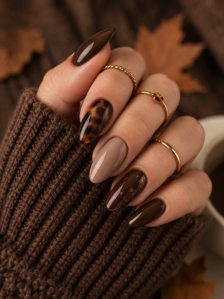 brown tone almond manicure featuring tortoiseshell art and a nude accent nail   