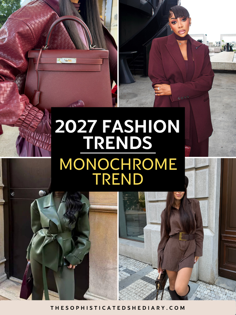women wearing monochrome fashion outfits featuring trench coats, suits, and matching accessories