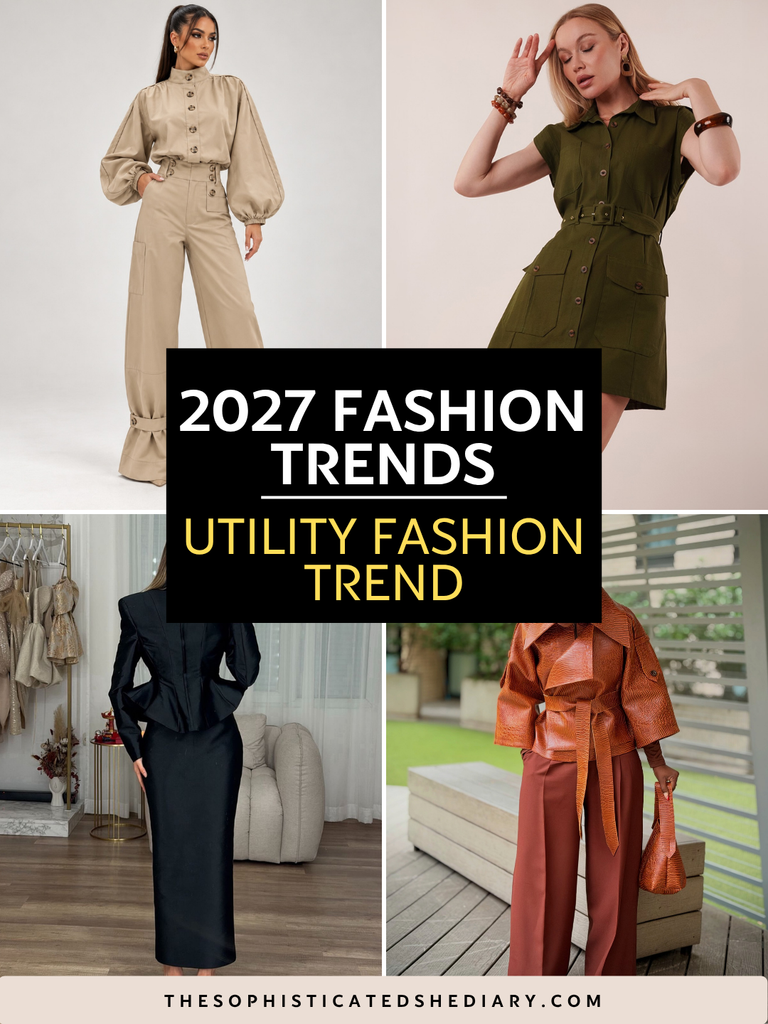 women wearing utility fashion outfits featuring belted coats, cargo pants, and structured tops