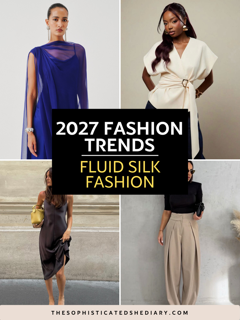 women wearing fluid silk fashion outfits including draped tops, dresses, and trousers