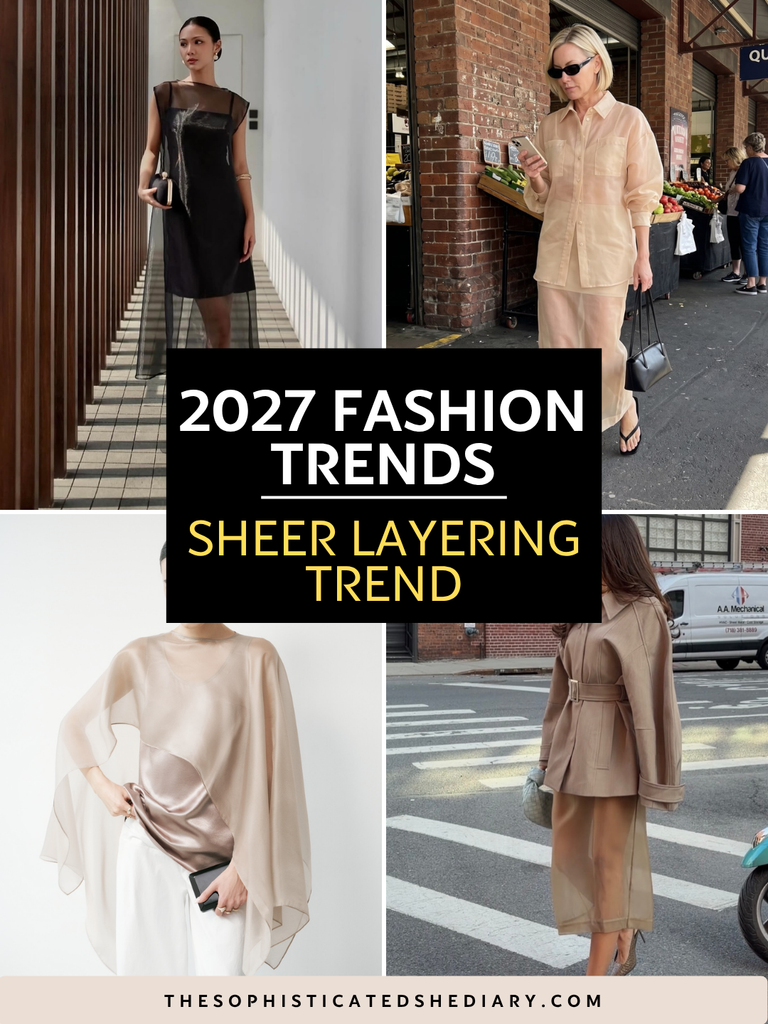modern women wearing sheer layering fashion outfits including dresses and blouses