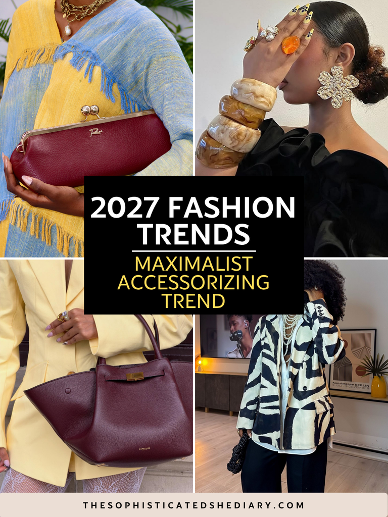 women styled with maximalist fashion accessories like bold jewelry, bags, and prints