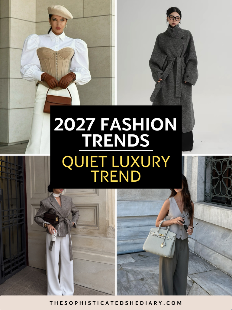 stylish women wearing quiet luxury fashion outfits including blazers, coats, and corsets