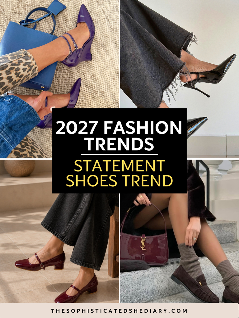 women styling statement shoes including purple wedges, pointed heels, mary janes, and loafers