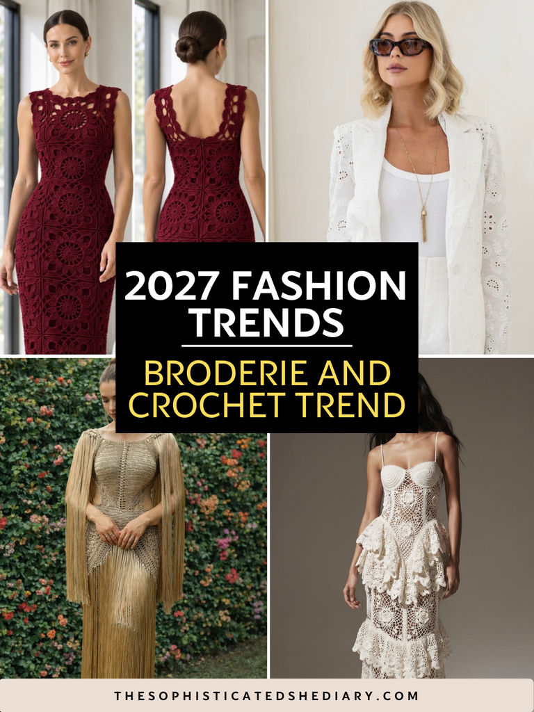 elegant women wearing broderie and crochet fashion dresses, blazers, and textured gowns