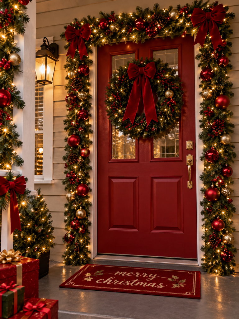 red front door framed with festive christmas garland wreath and lighted trees   