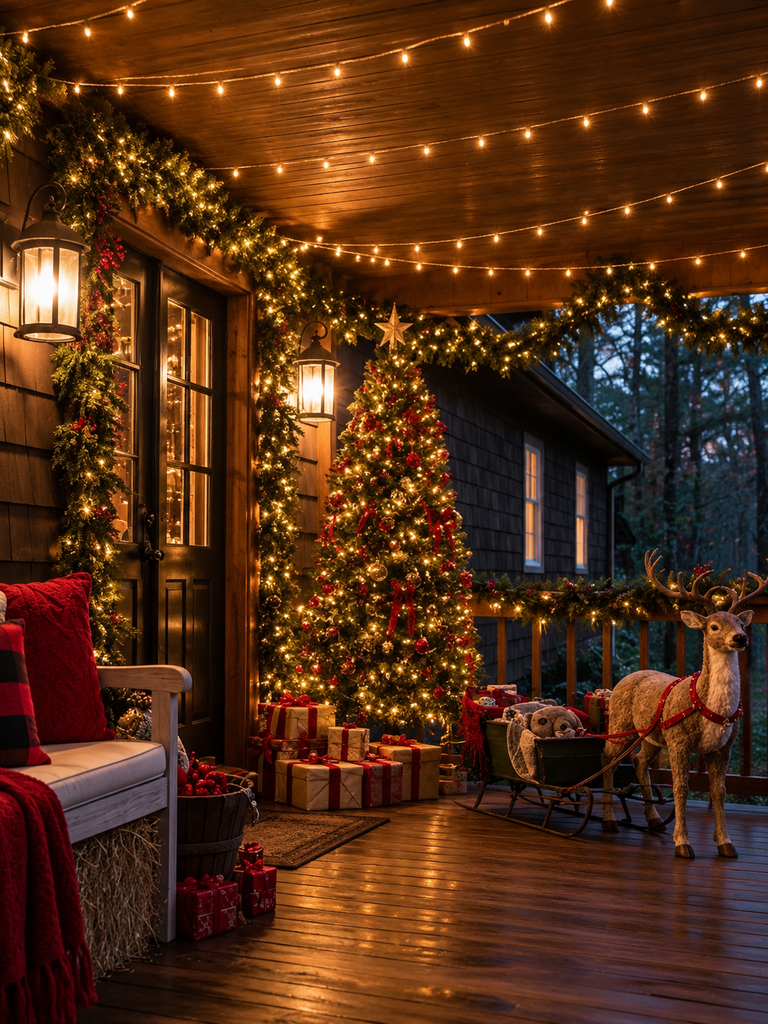 cozy wooden porch illuminated with string lights a christmas tree and sleigh   