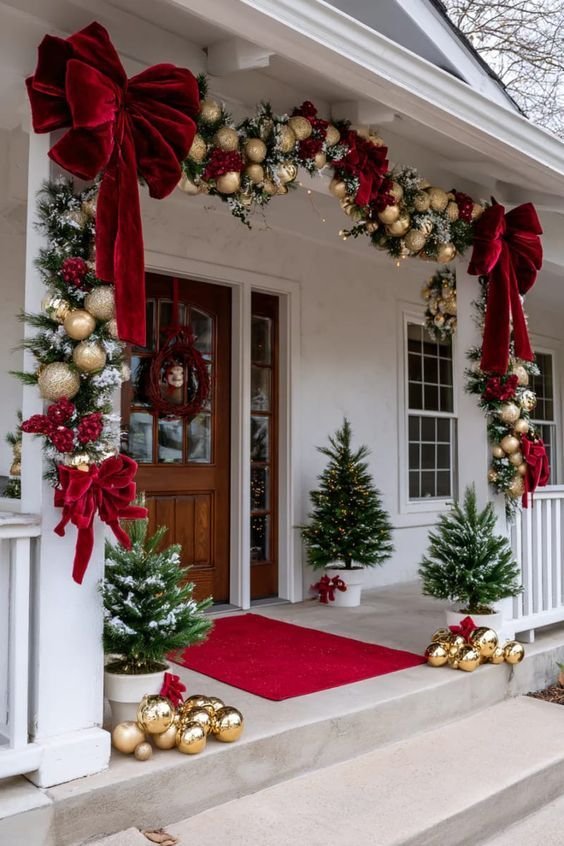 front porch entryway decorated with gold ball garland oversized red velvet bows   