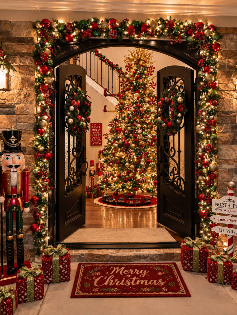 grand christmas entryway with open doors revealing a decorated tree inside