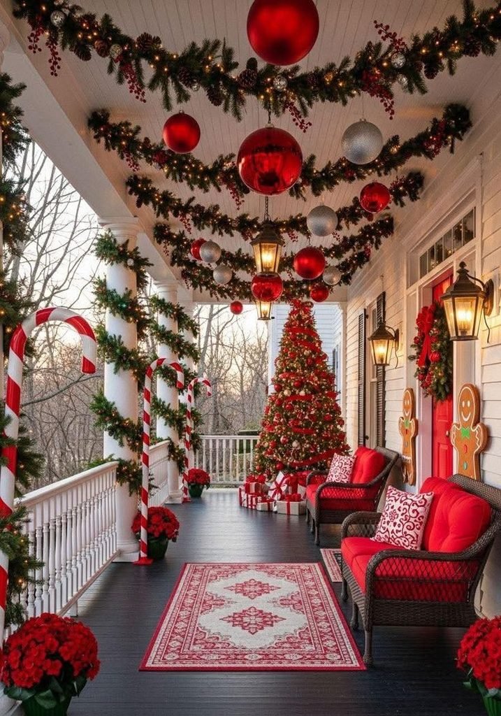 festive front porch with red chairs hanging ornaments christmas tree and candy canes   