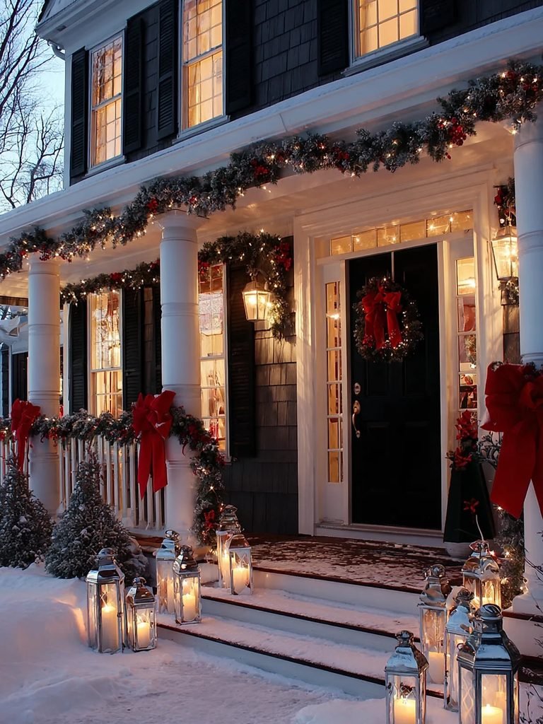 snow covered front porch decorated with glowing lanterns christmas garland and wreaths   