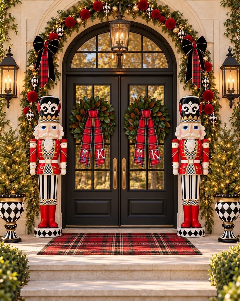 grand front entrance decorated with tall nutcrackers wreathed double doors and garland   