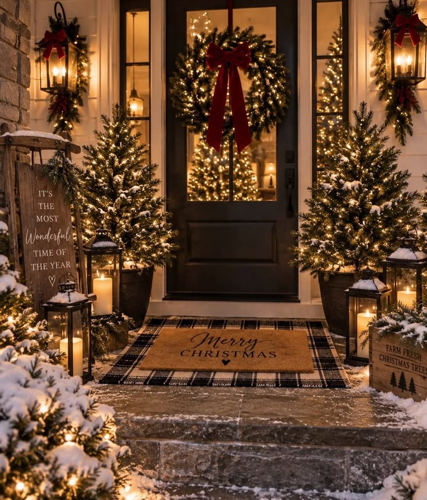 front porch decorated with lighted christmas trees lanterns and a festive doormat   
