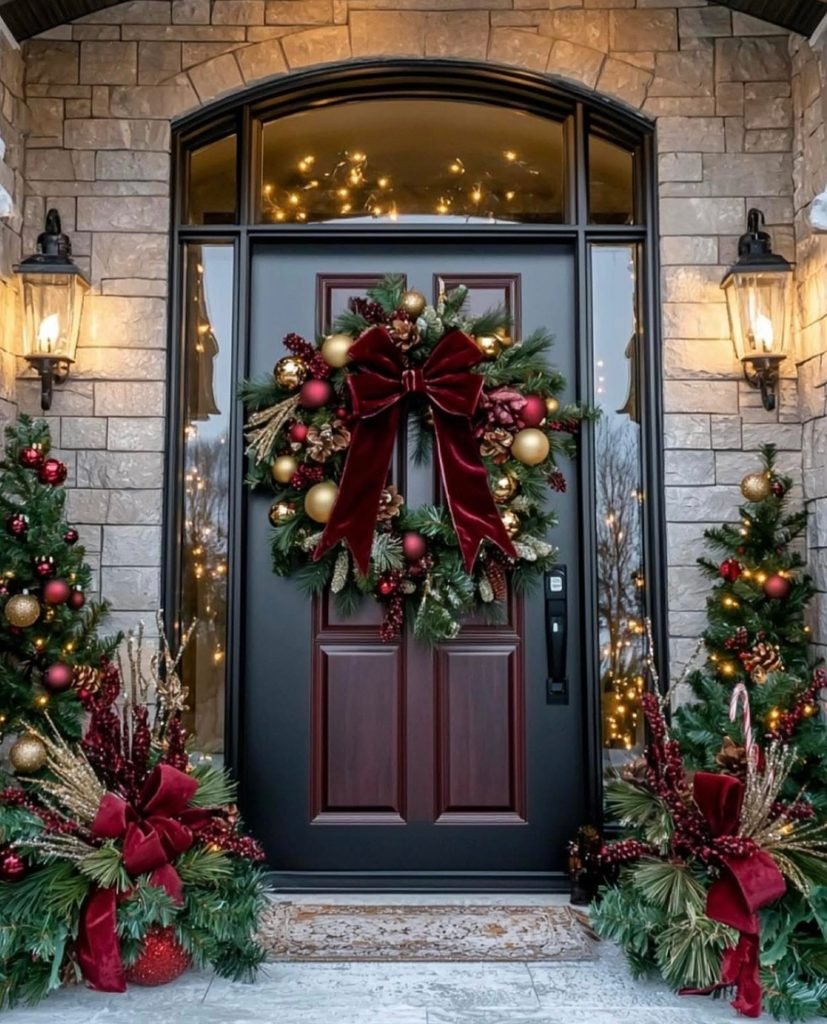 front door decorated with a large ornament wreath and glowing mini christmas trees   