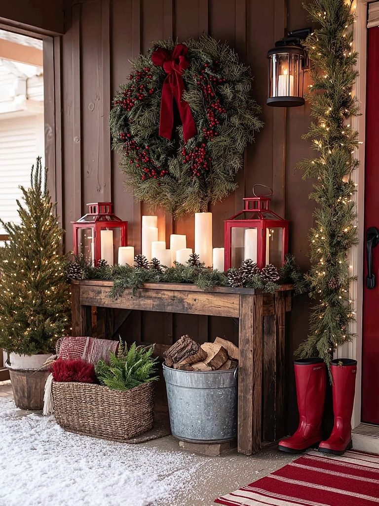 rustic porch setup with pine wreath candles red lanterns and rain boots