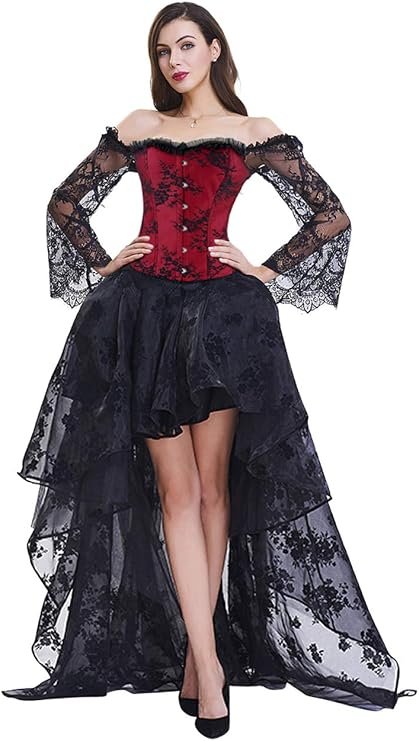 woman wearing a red corset top with black lace sleeves and a high low skirt   