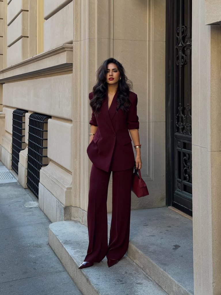 woman wearing a dark burgundy pantsuit with wide leg trousers posing outdoors