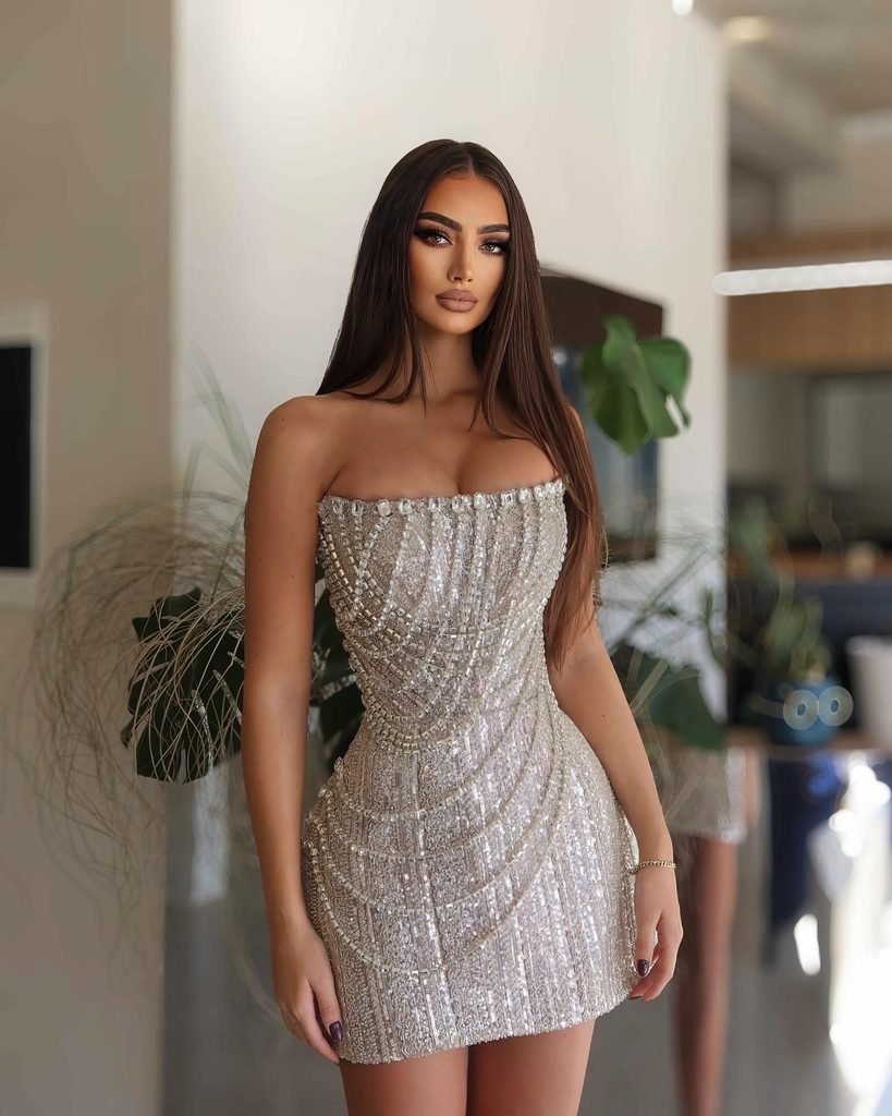 woman wearing a strapless sparkling embellished mini dress with silver sequin detailing