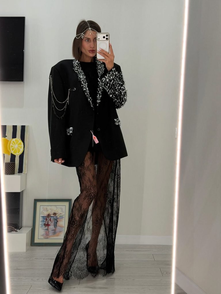 woman wearing an embellished black blazer over sheer lace pants
