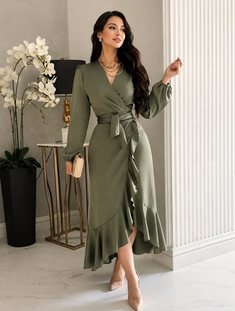 woman in an olive green satin wrap dress with ruffled hemline