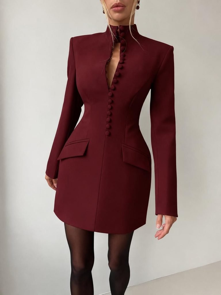 woman in a structured burgundy button front blazer dress with high collar