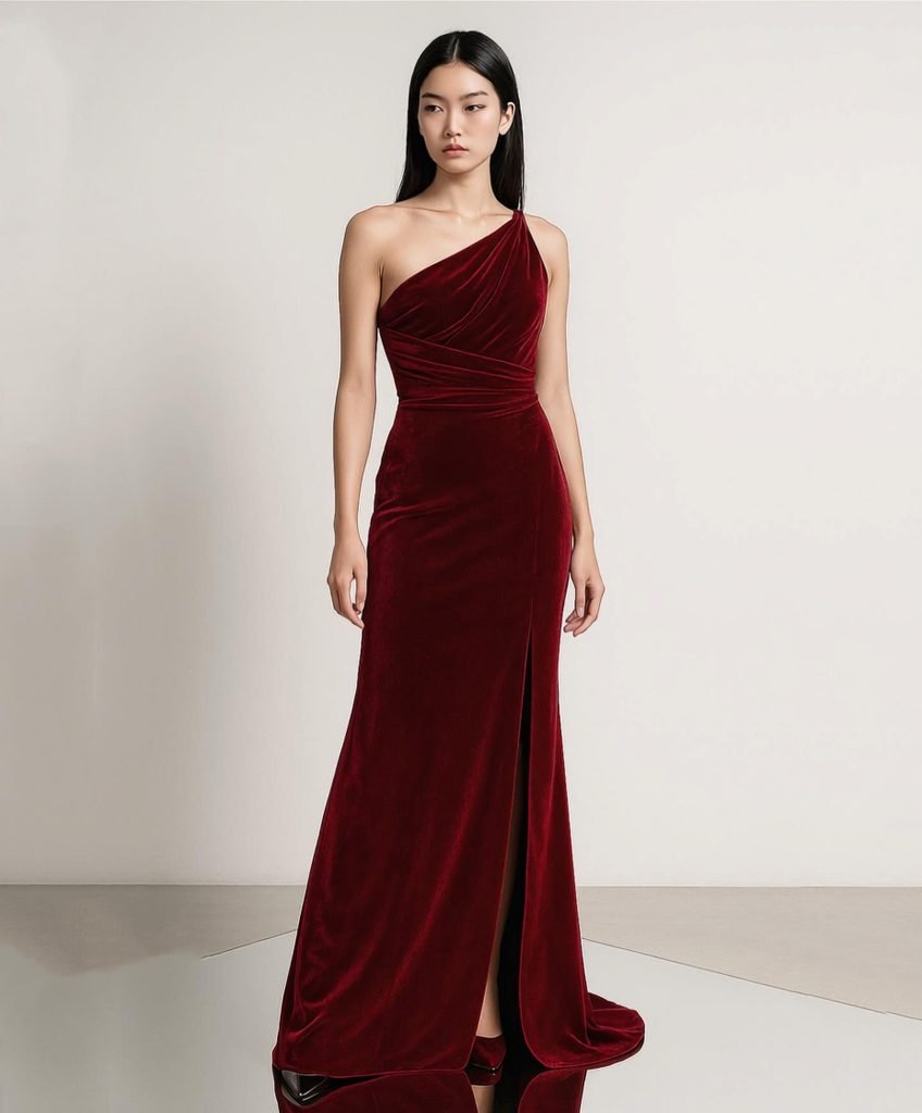 woman wearing a dark red velvet one shoulder gown with front slit