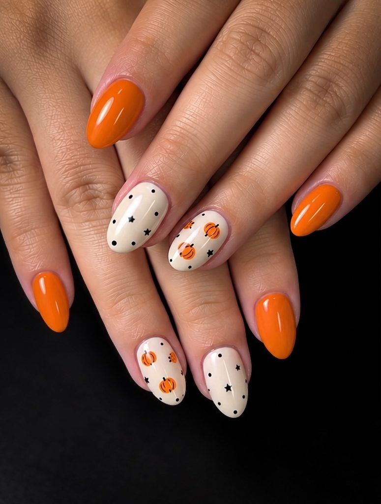 bright orange and cream polka dot nails featuring tiny painted pumpkins