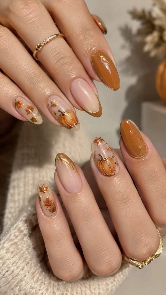 glossy caramel nails adorned with gold foil fall leaves and small pumpkins