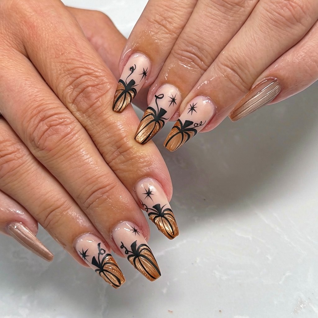 long almond nails with metallic bronze textured pumpkins and black star accents