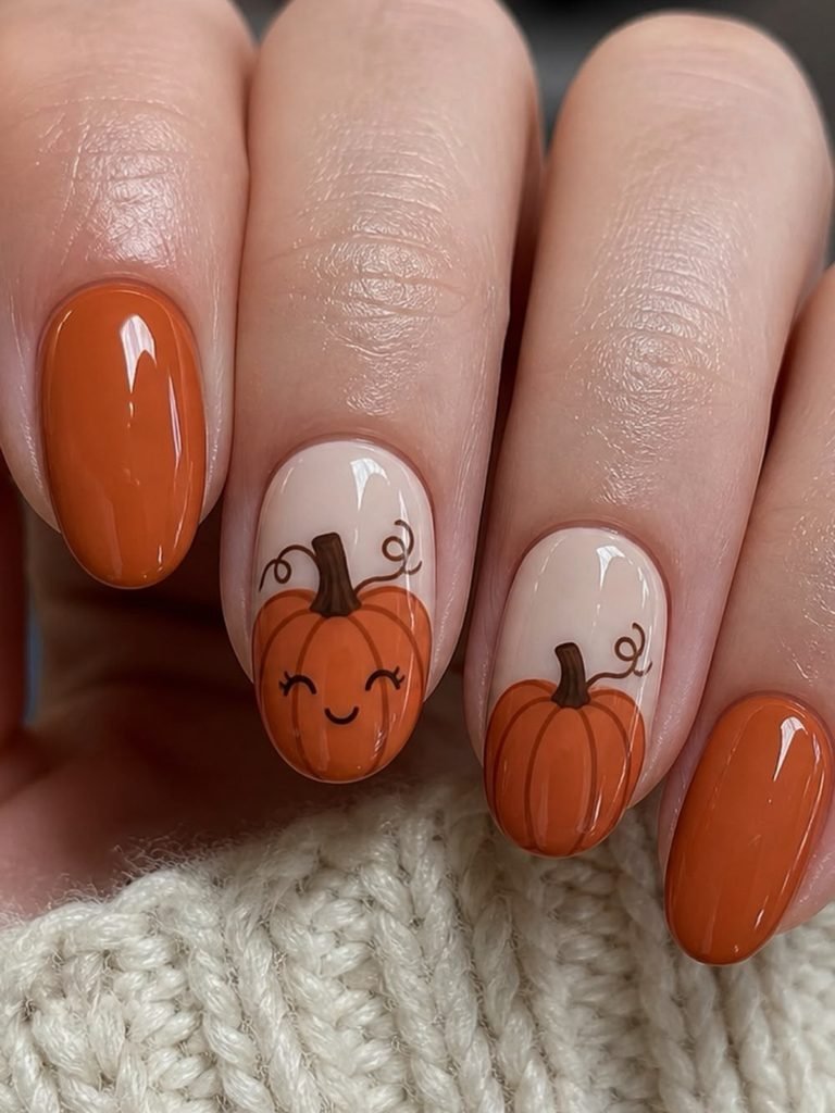 glossy burnt orange nails featuring cute smiling cartoon pumpkin nail art