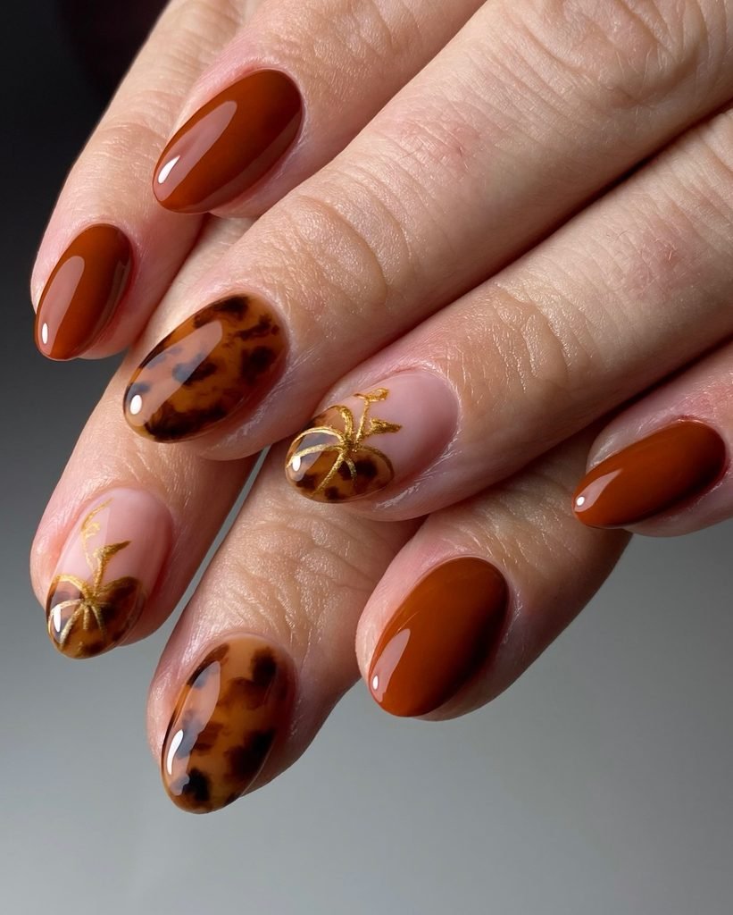 rust orange and tortoiseshell pattern nails with gold painted autumn pumpkins