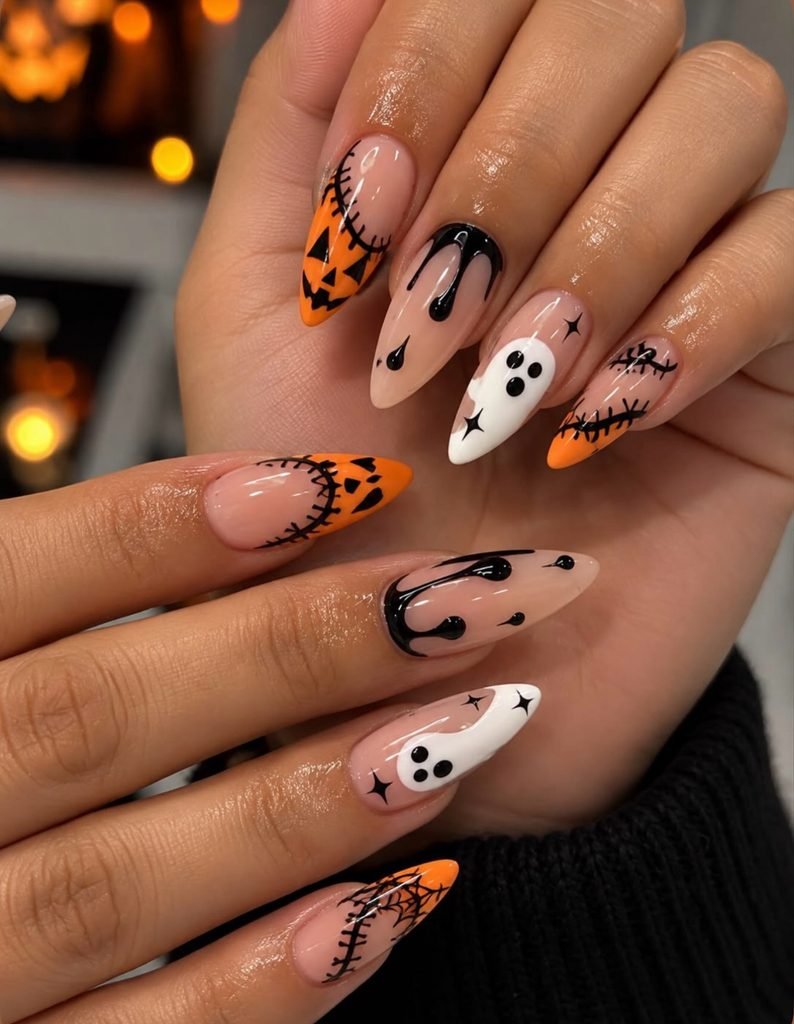 halloween themed almond nails with ghost jack o lantern and drip designs
