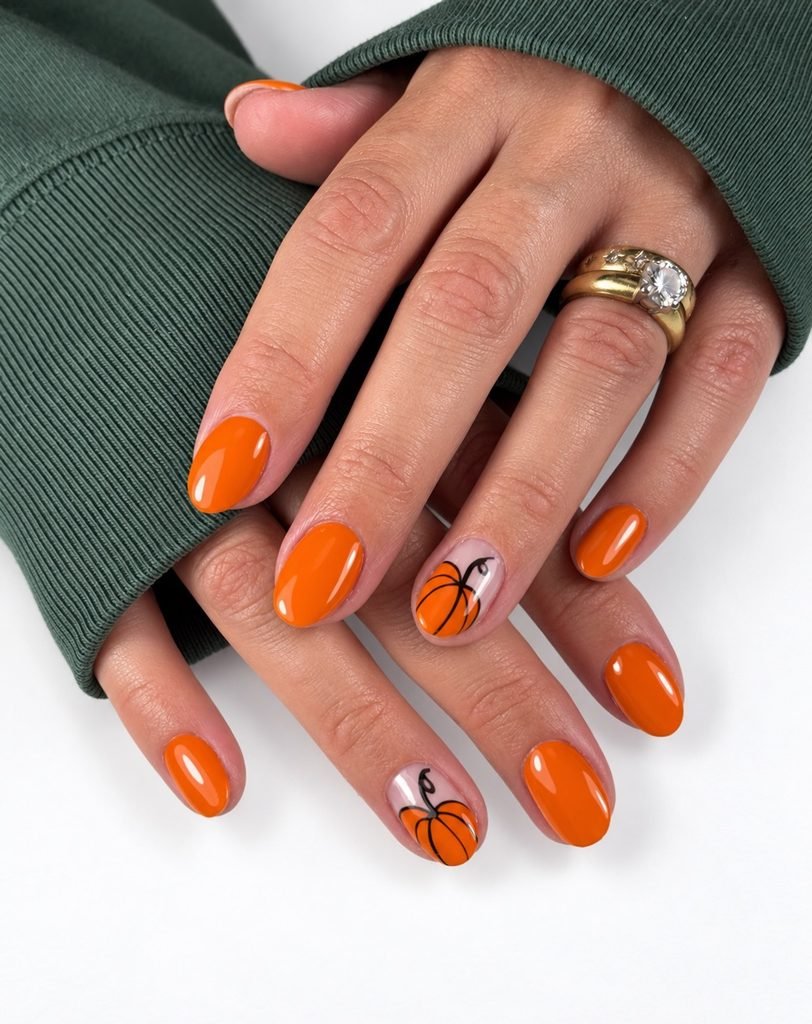 bright orange glossy nails featuring hand painted little pumpkins on accent fingers