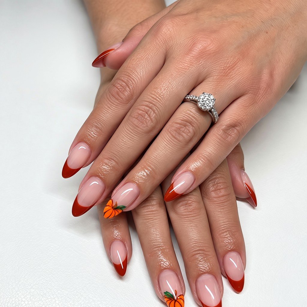 almond shaped nails with red french tips and cute painted autumn pumpkins
