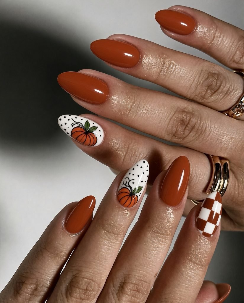 burnt orange nails featuring a checkered pattern and painted autumn pumpkins