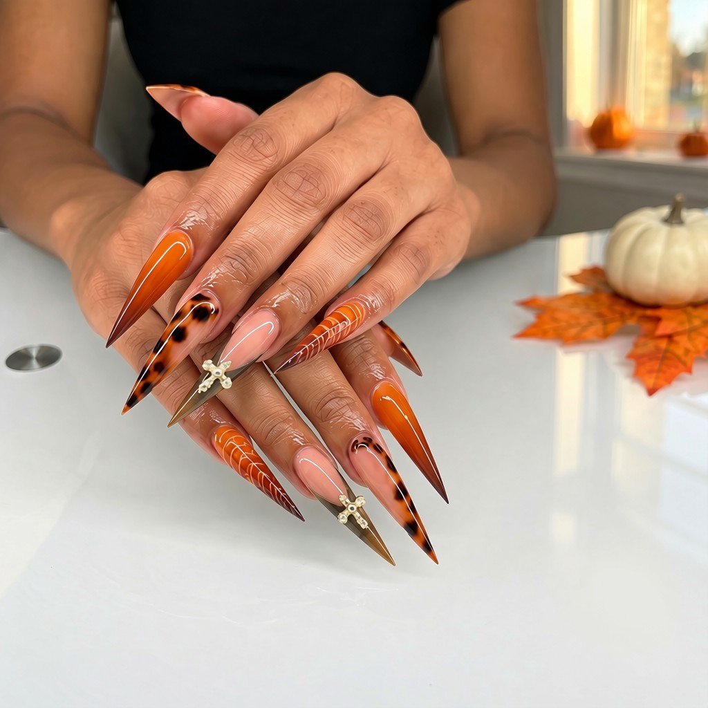 extra long stiletto nails with orange tortoiseshell patterns and rhinestone cross charms
