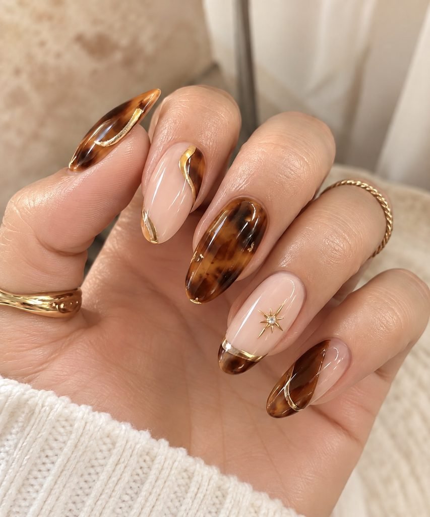 almond nails with tortoiseshell pattern gold accents and celestial star decal