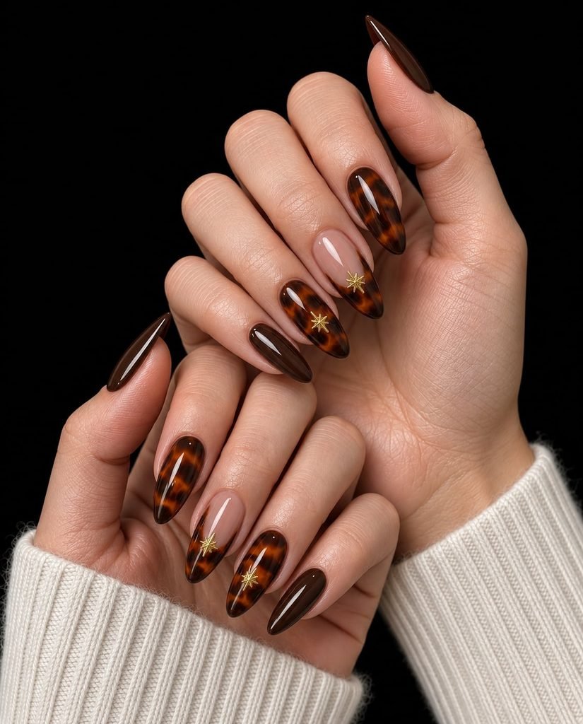 long almond nails with brown tortoiseshell pattern and small gold star embellishments