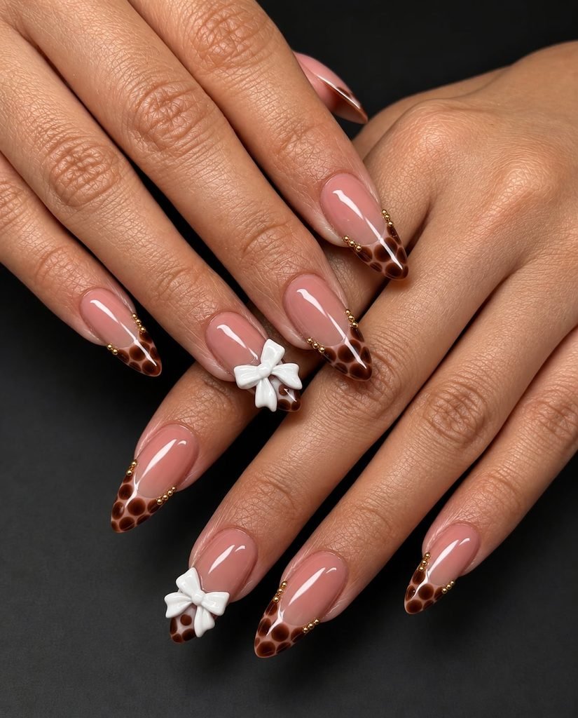 long almond nails featuring brown spotted french tips and white 3d bows