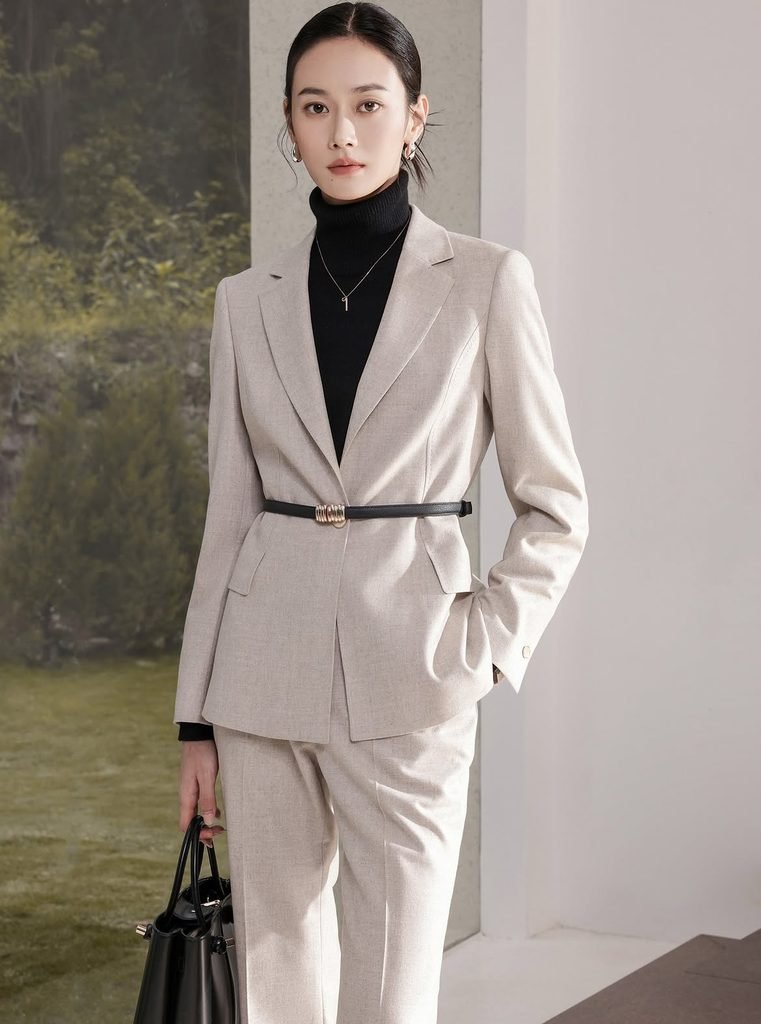woman wearing a beige tailored pantsuit belted over a black turtleneck sweater