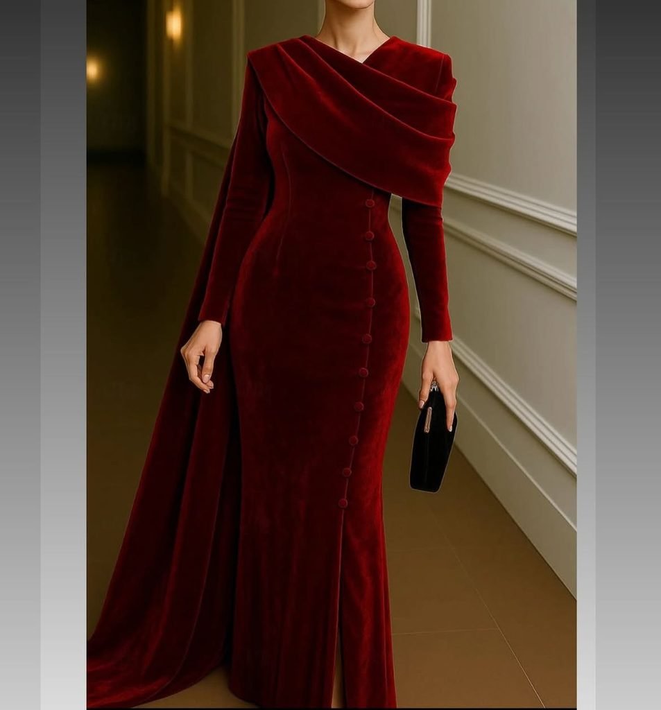 woman wearing an elegant long red velvet gown with an asymmetrical draped neck